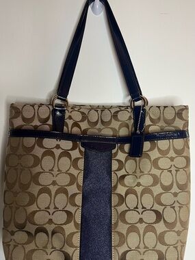 Coach Khaki and Navy Signature Jacquard Tote